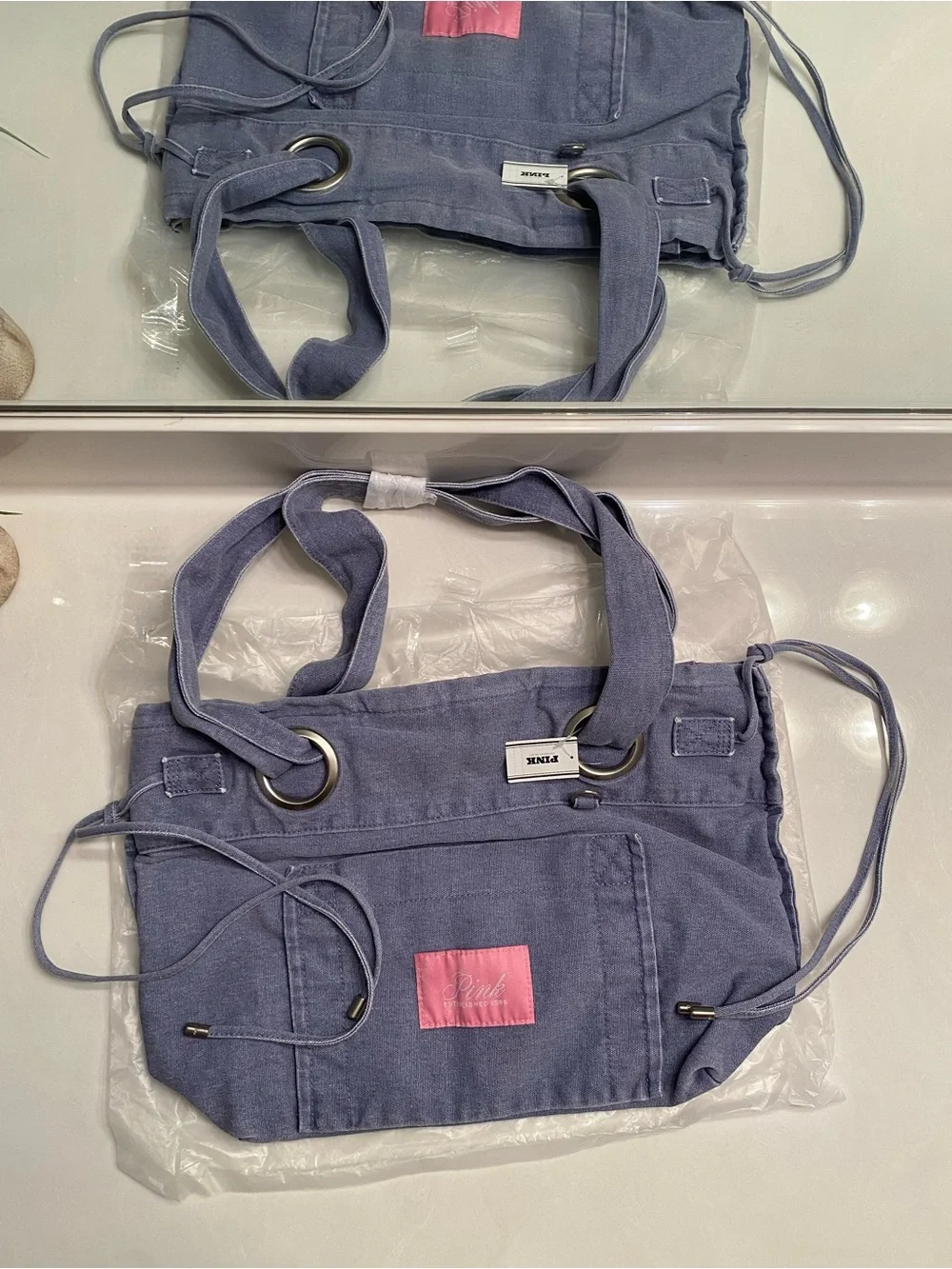 PINK Victoria's Secret Denim Flat Bottom Tote with Free Towel